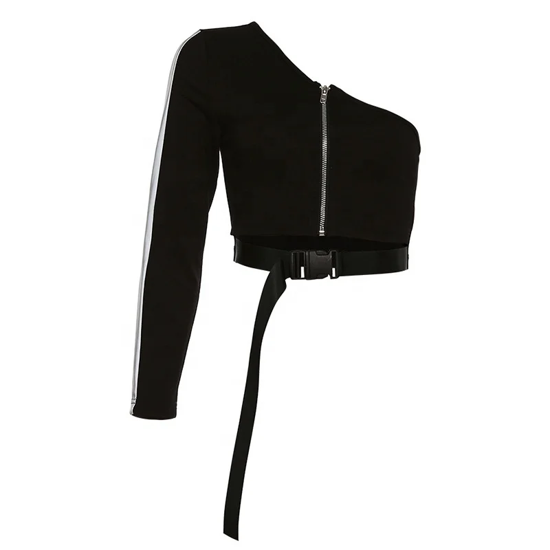 

B24038A New winter women's sexy single-shoulder reflective long-sleeved blouse
