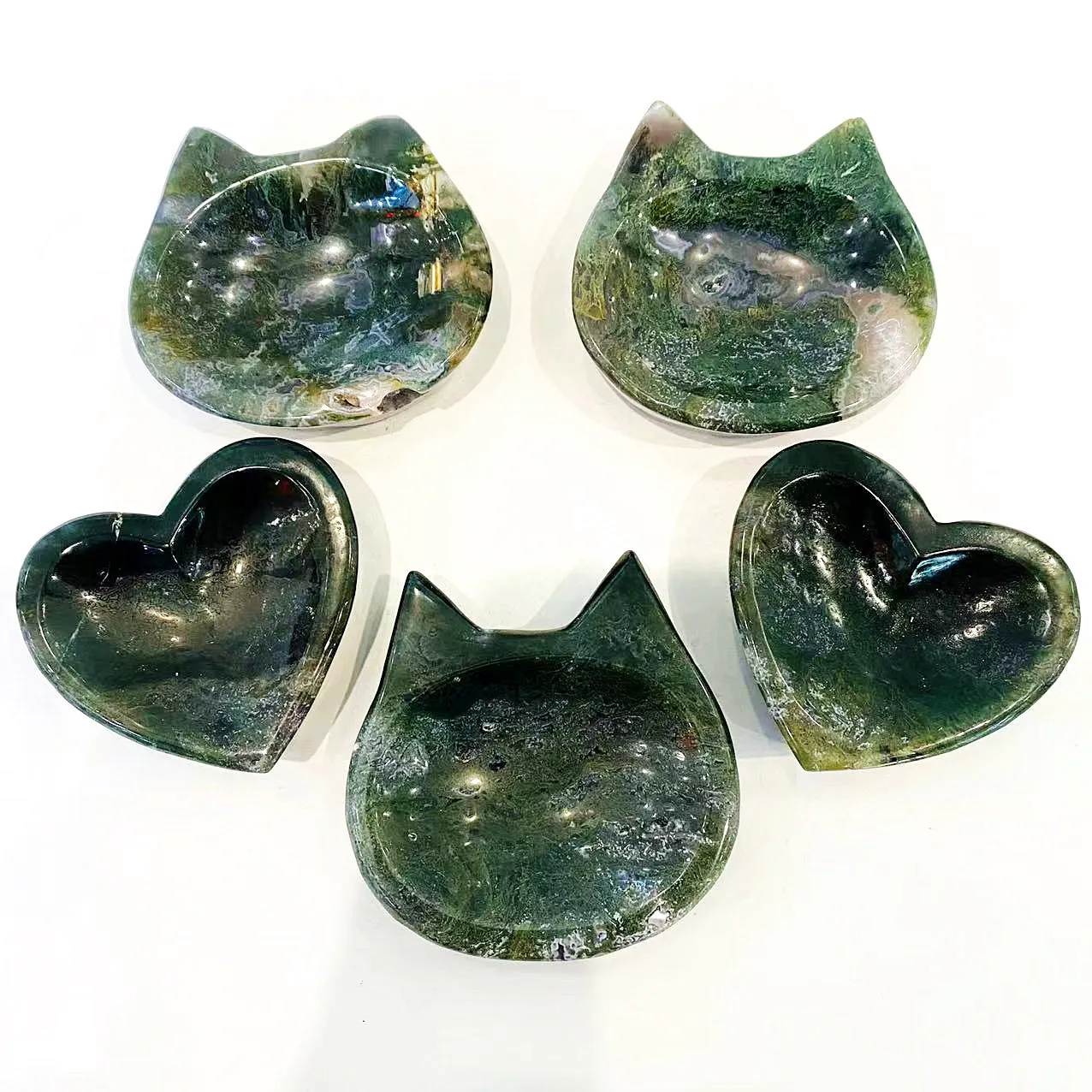 

Natural Stone Crystal Heart Dish Moss Agate Kitty Ashtray Aquatic Plant Agate Quartz Bowl for Gift