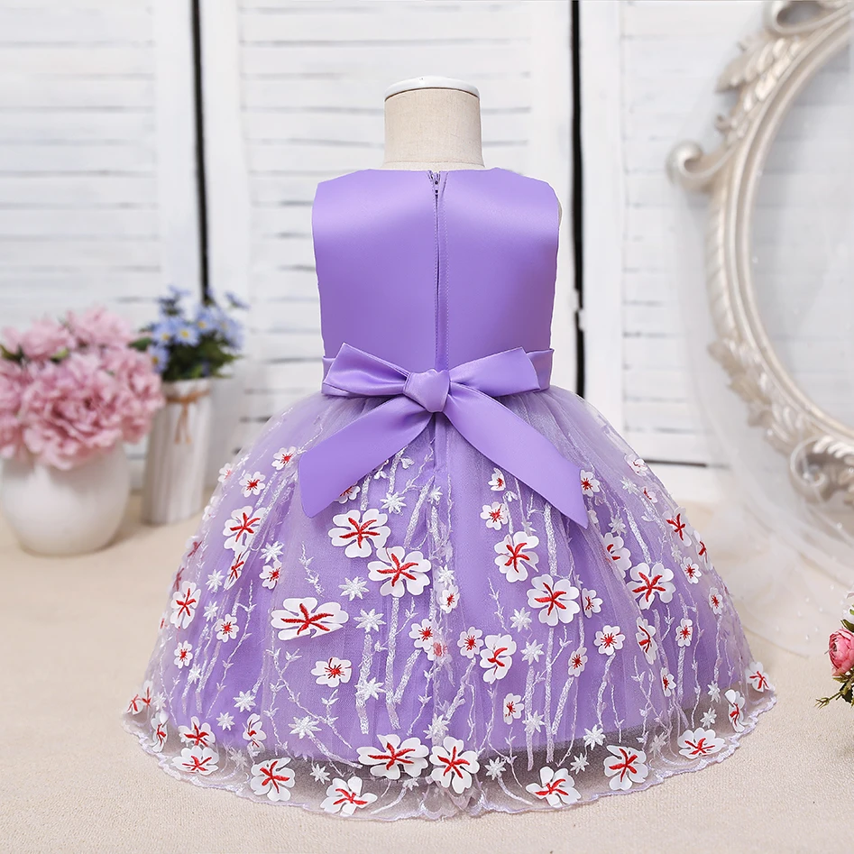 

Lovely embroidered little girl Princess Dress round neck belt baby full moon dress knee length mesh Girl Birthday Party Dress, Blue,pink,purple