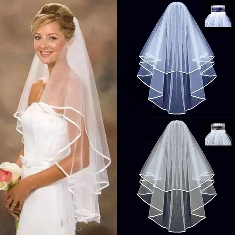 

QY Simple Short Tulle Wedding Veils Two Layer With Comb White Ivory Bridal Veil for Bride for Marriage Wedding Accessories