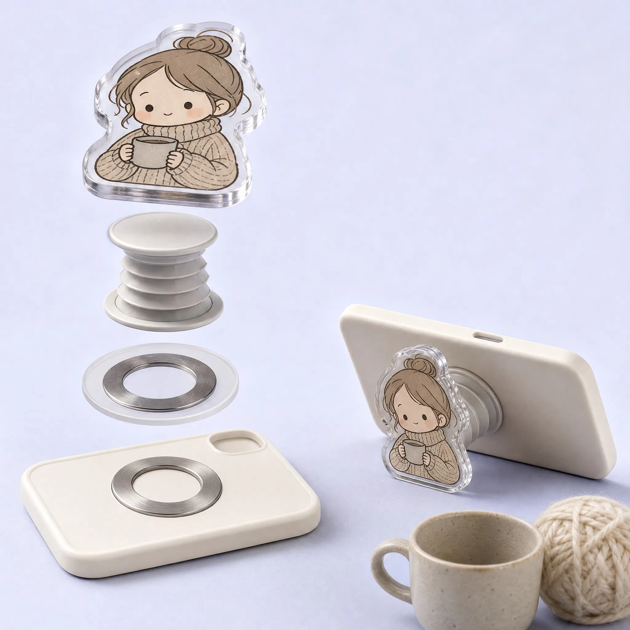 Exploded Structural Diagram of MagSafe Magnetic Acrylic Phone Grip: Cozy Sweater Girl Topper, Accordion Base, Magnetic Ring, Phone Case, Kickstand