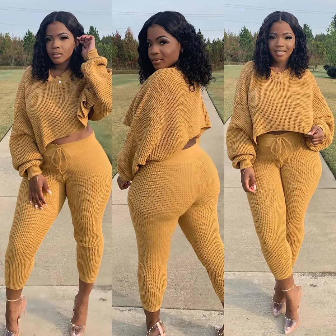 

Q5219 Latest design fall&winter loose casual pants sets fashionable sweater two piece outfits women solid two piece pants set