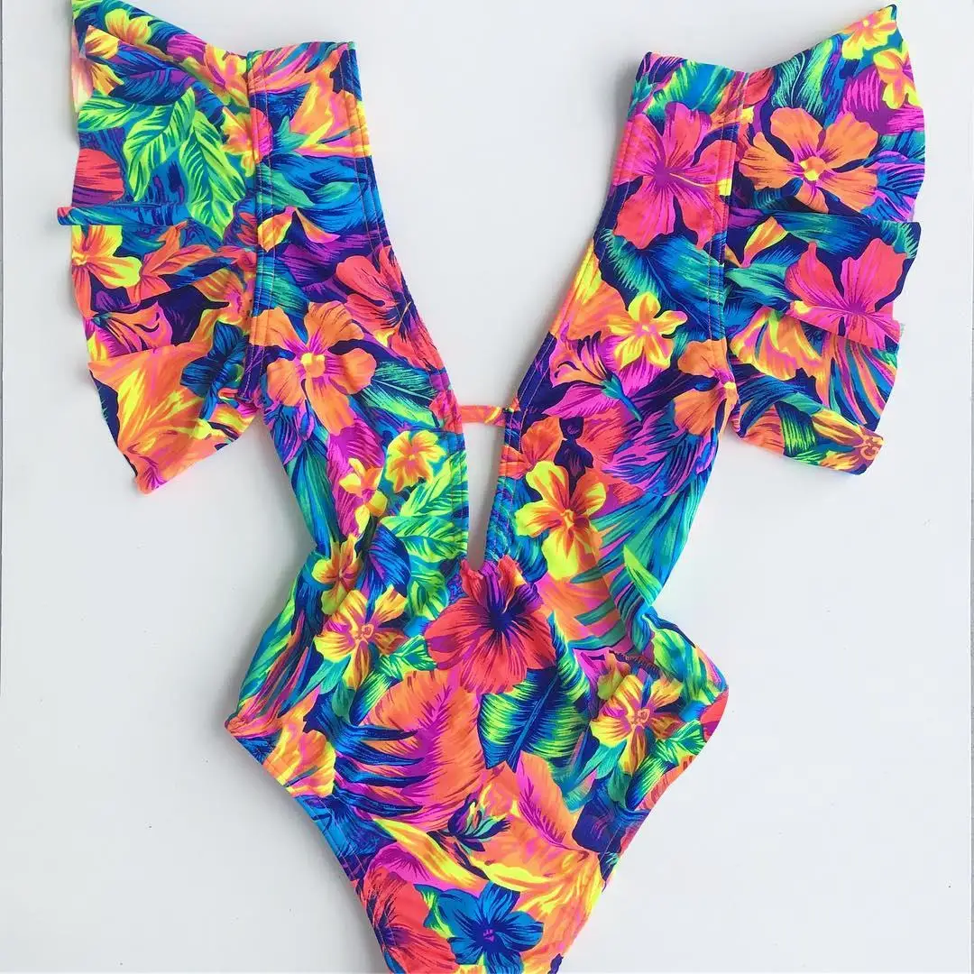 

BK-053 flutter sleeve one-piece romper jumpsuit swimsuit Bohemia floral print 2021 New backless swim wear, Black , white , red , aqua