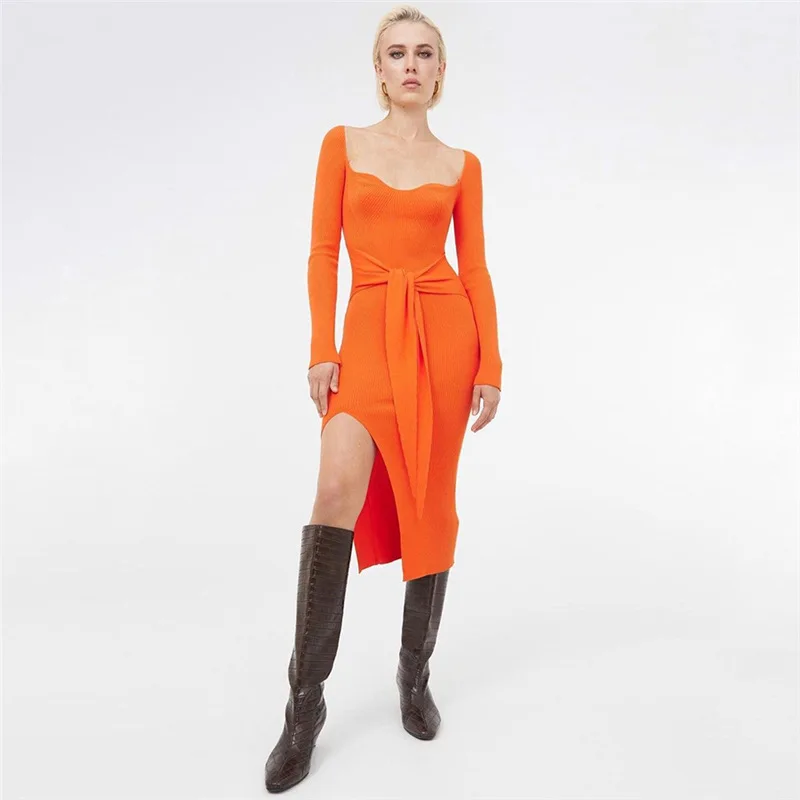 

10908-SW2 ladies sexy stand collar long sleeve bodycon dress knitted solid color bandage party irregular women sehe fashion, 2 colors