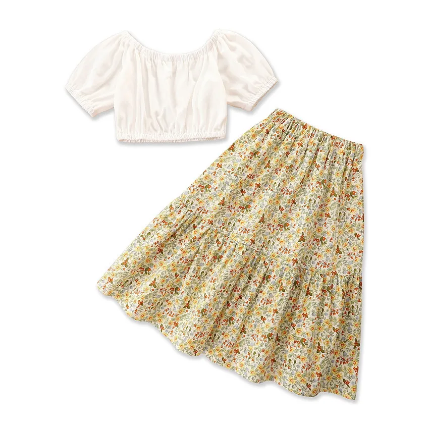 

Nian OEM Roupa de menina New Arrivals White Floral Puff Sleeve Girls' clothing Sets, Yellow/white