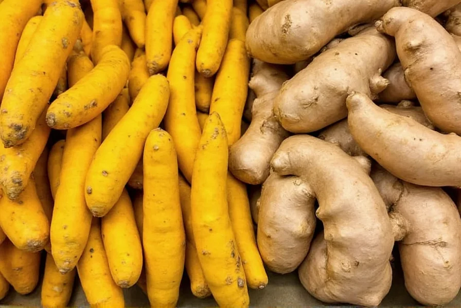 Fresh turmeric root displayed next to ginger in a grocery store produce section