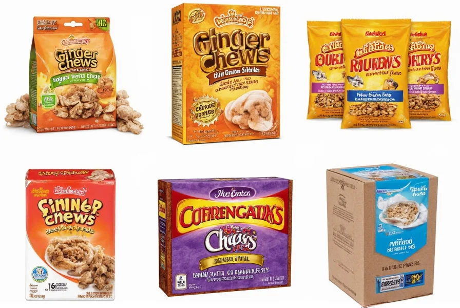 Various brands of ginger chews available at Walmart displayed on a clean background