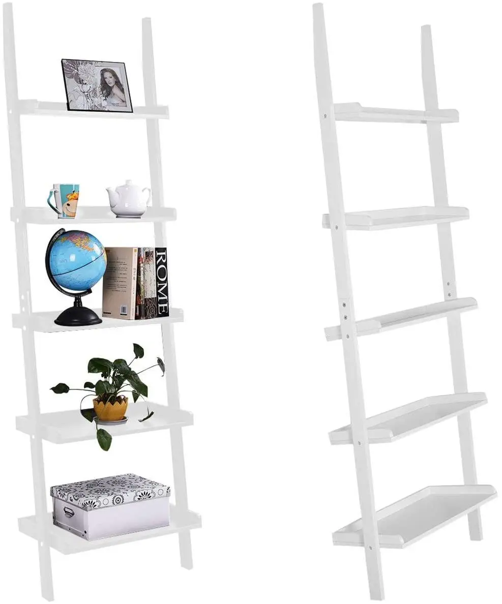 

5 Tier Wooden Wall Rack, MDF Display Ladder Bookcase, Smooth Surface Leaning Shelf Unit with Large Storage Spaces, White,black or other color