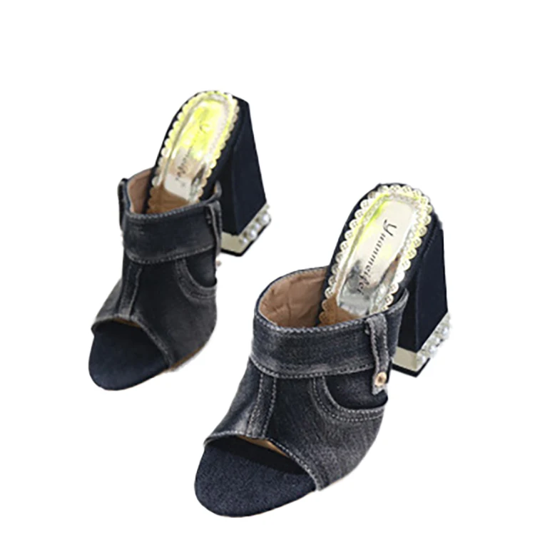 

New Fashion Slippers Women Wedges Blue Jean Sandals Heels Ladies Block Heel Comfortable Sandals Casual Shoes, Black black