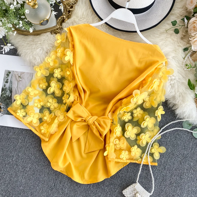 

Autumn Spring New Slim Waist Lace Up Blouse O Neck Patchwork Mesh Flare Long Sleeve Appliques Elegant Shirt Slim Short Blouse