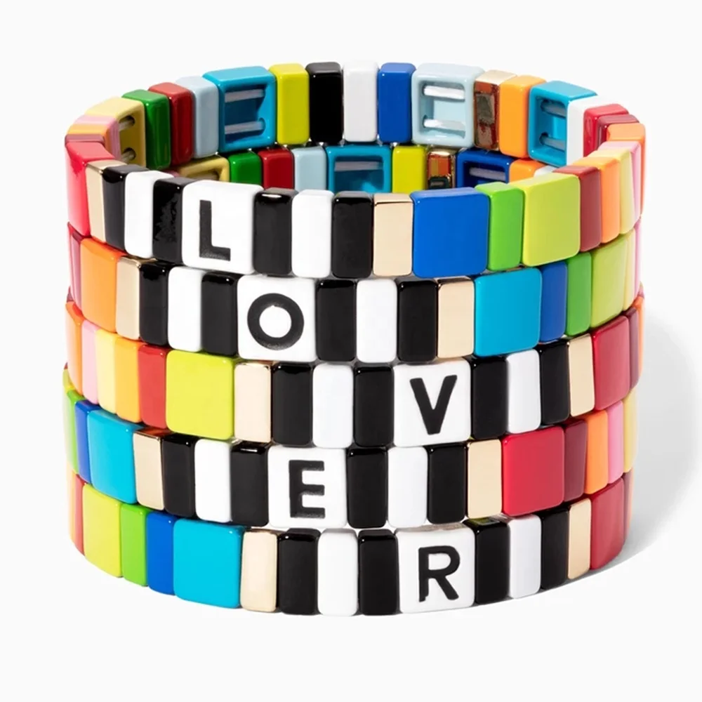 

Custom DIY Letter Bracelet Rainbow Color Enamel LOVE Bohemia Style Handmade Unisex Stretch Bead Rainbow Tile Alloy Bracelet, Picture