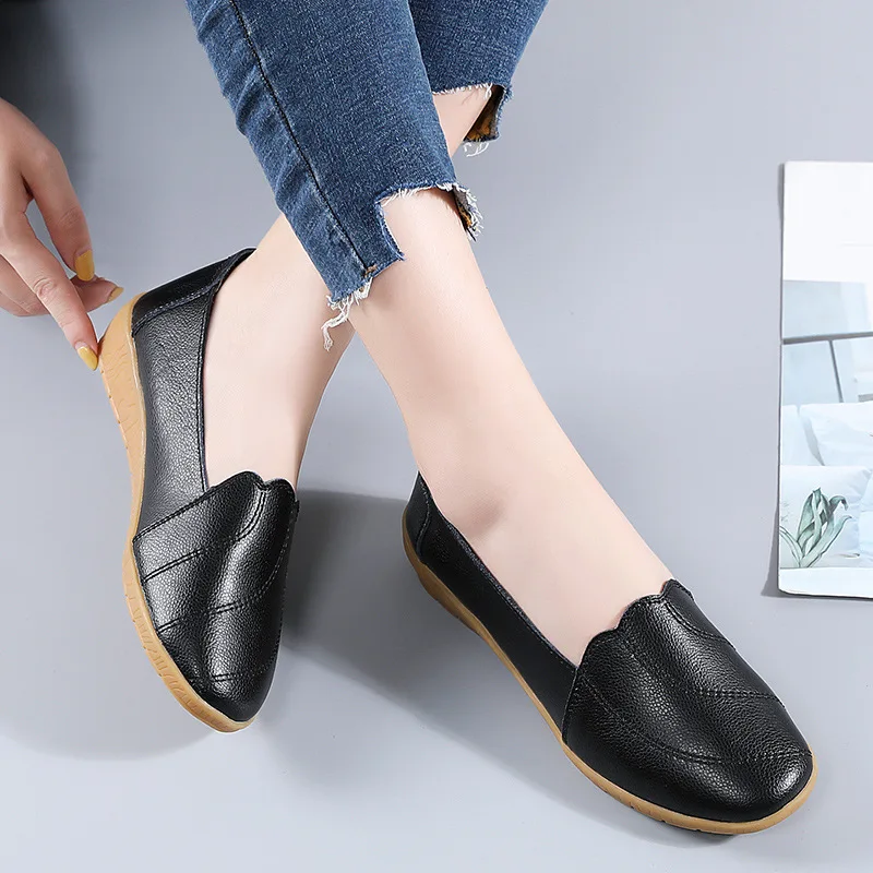 

Comfortable Non Slip Cowhide Leather Women Casual Flat Shoes With Tendon Sole, White, black, beige