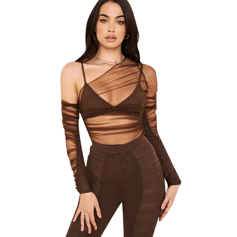 

2021 new Long sleeve two-piece see-through Net yarn T-shirt Sexy condole belt Strapless T-shirt