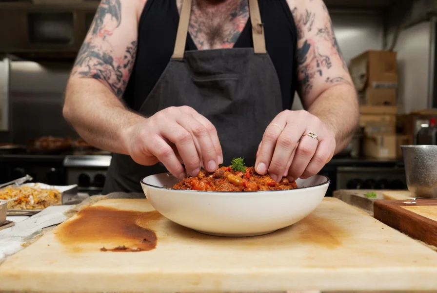 Professional chef carefully measuring spices for competition chili recipe