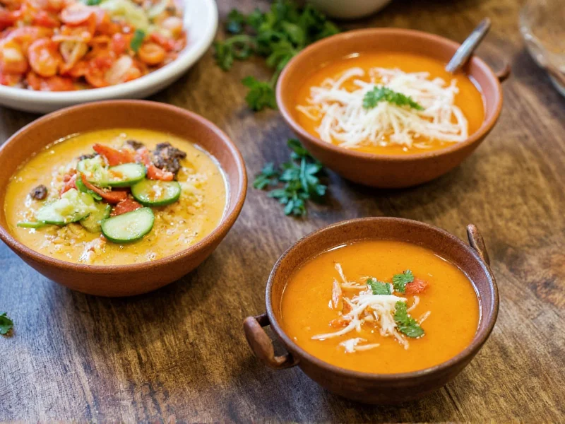 Variety of homemade soup bowls with garnishes