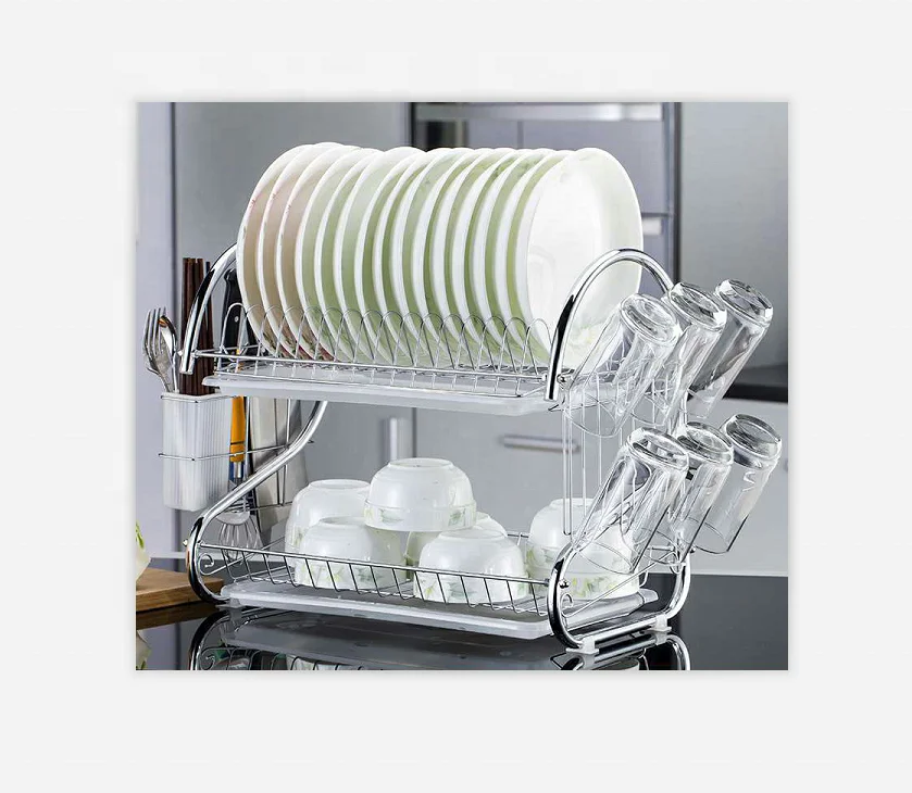 

Dish drying rack 2-tier S stainless steel kitchen dish drainer rack kitchen storage with drainboard cutlery cup drying rack