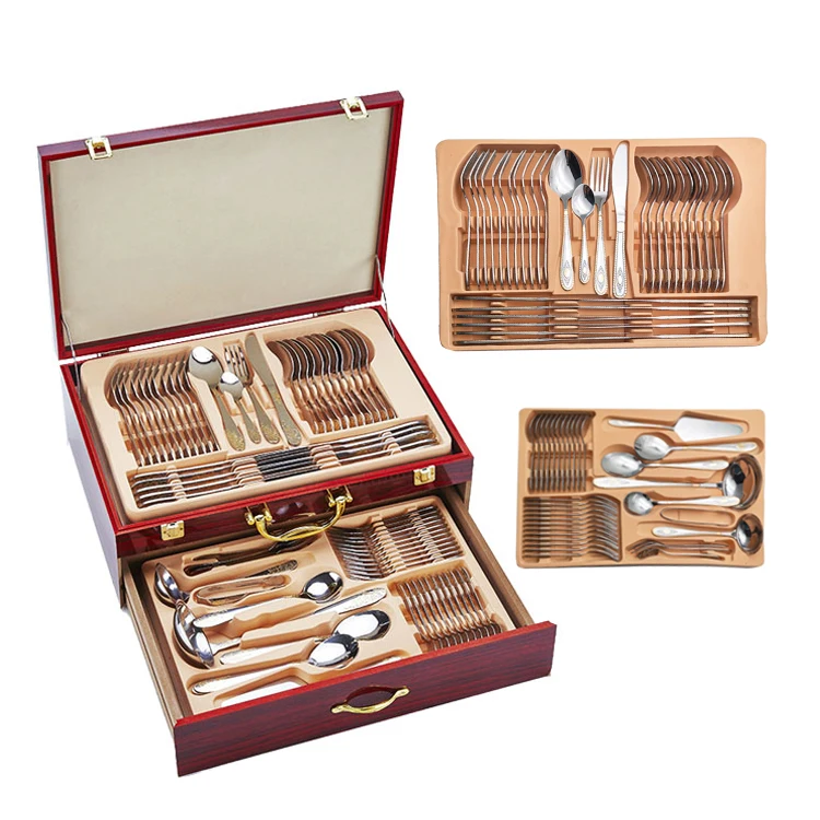 

Hot-selling 72pcs flatware sets stainless steel silver 24K cutlery set with wooden box