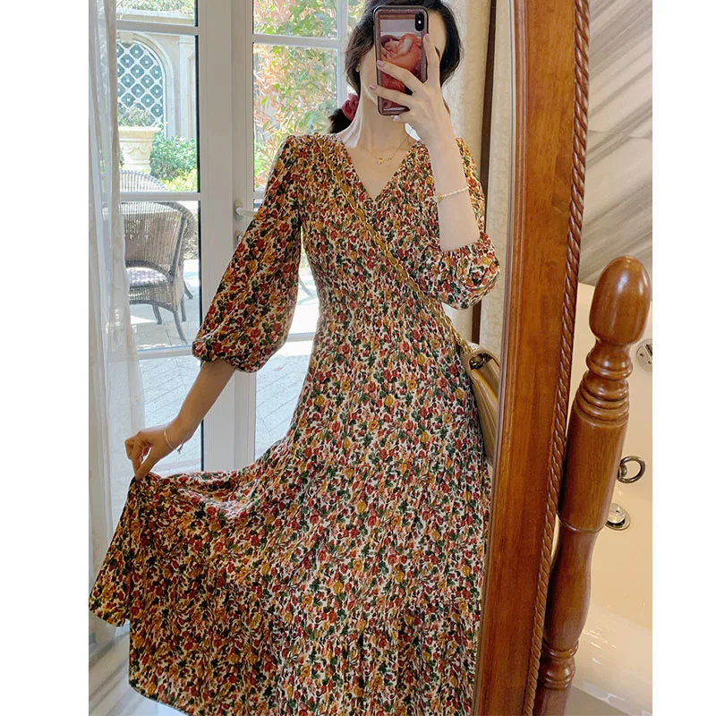 

High quality fashion women puff sleeve floral long dresses for women