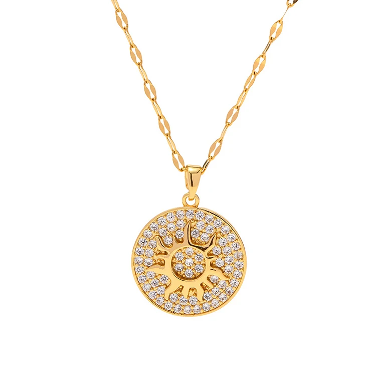 

Y050 New Trendy PVD 18k Gold Plated Dainty Jewelry Stainless Steel Cubic Zirconia Sun Round Pendant Necklace for Women