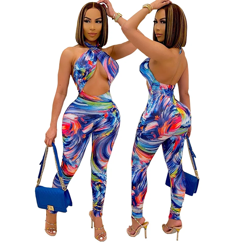 

YH039 wholesale sexy European and American women's fashion printing wrapped chest backless Jumpsuit