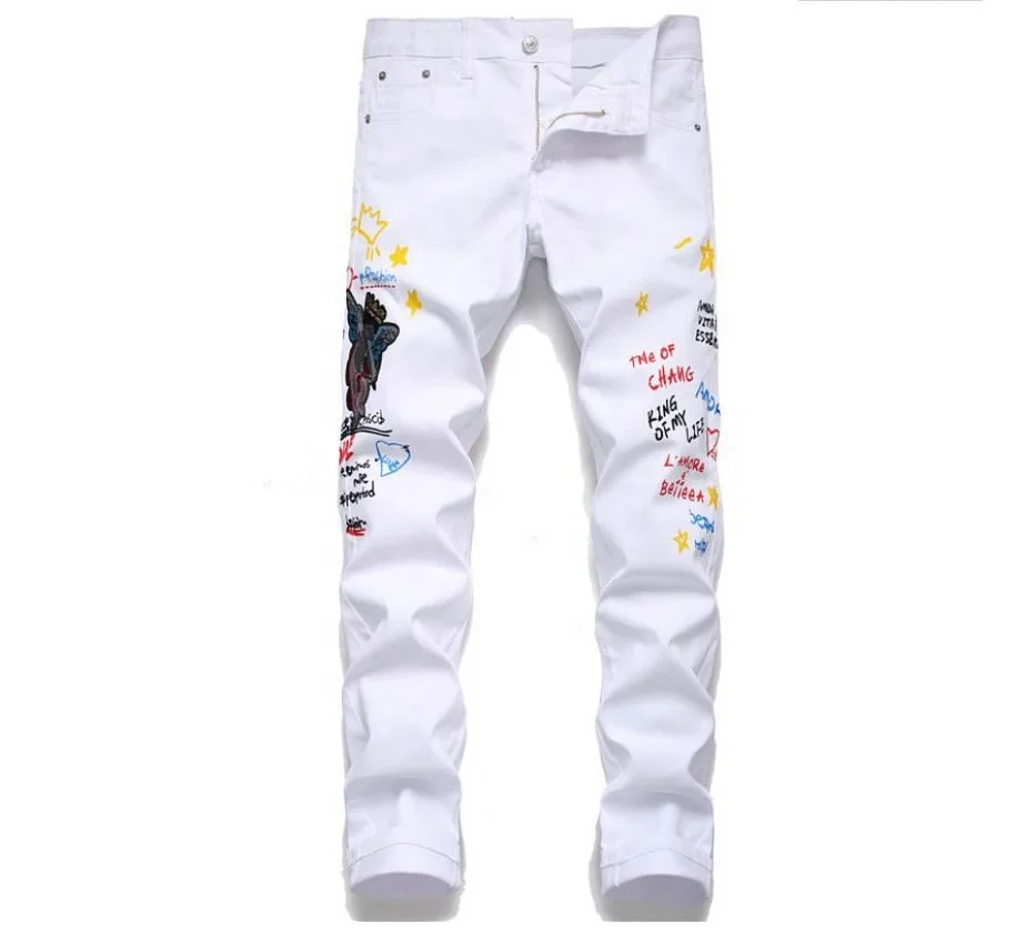 

Jhcentury Men's White Printed Jeans Straight Pant