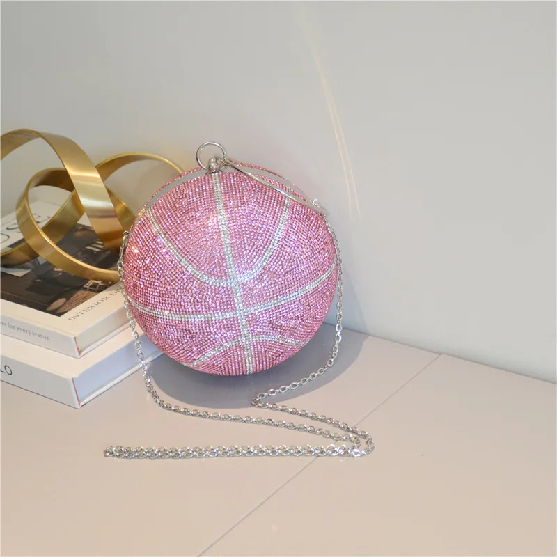 

Luxury fashion glitter crystal rhinestone large 19CM round black pink bling girls diamond basketball clutch purse women, Brown, silver