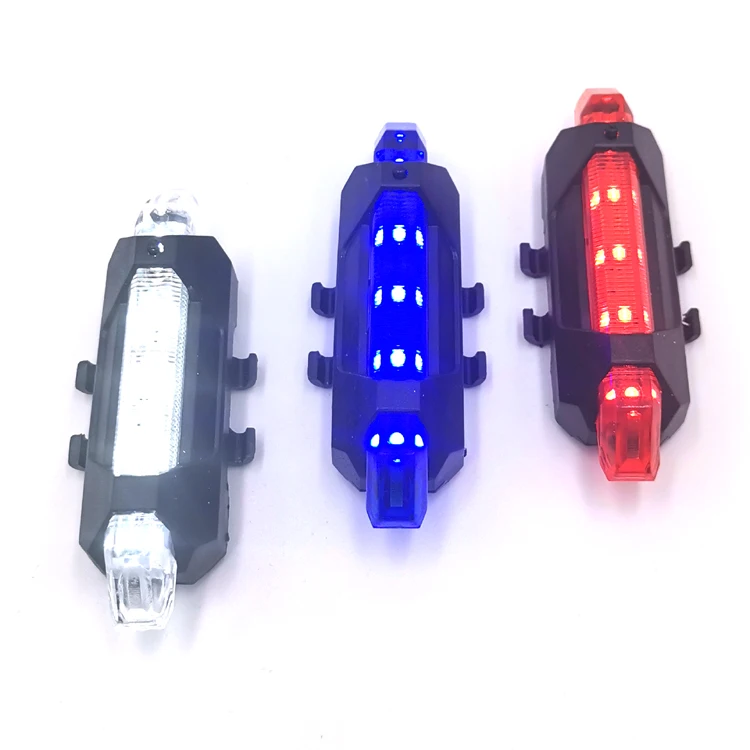 best price small plastic 5 red blue white LEDs USB rechargeable bike back warning light rear light bicycle tail light
