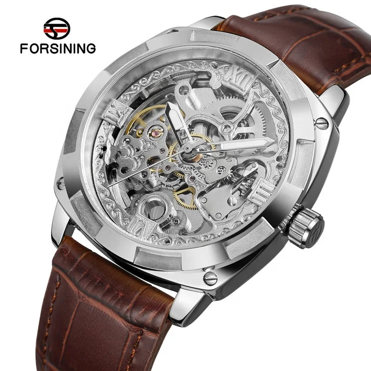 

FORSINING 8157 antique gold male mechanical watch leather band water resist alpha automatic gear minimal wristwatch