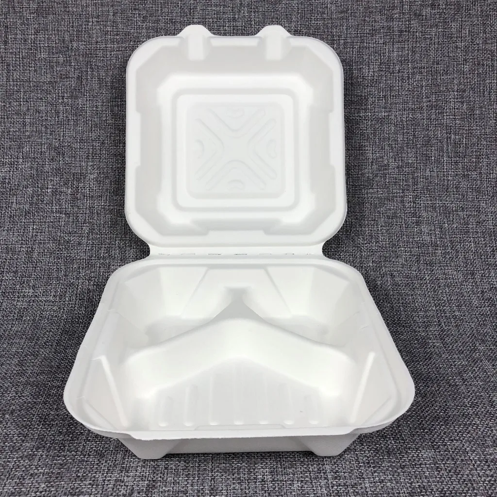 

R02 15%off sugarcane bagasse food container biodegradable envase clamshell tableware dinnerware compostable disposable with lid, White and beige