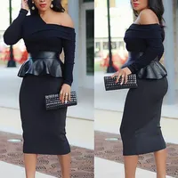 

Sexy Off Shoulder Peplum Patchwork PVC Bodycon Women Party Club Dress