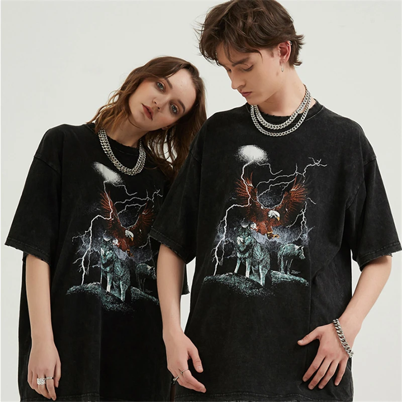 

Wholesale men's clothing new popular oversize street vintage fashion printed t-shirt couple wash tshirt, Black