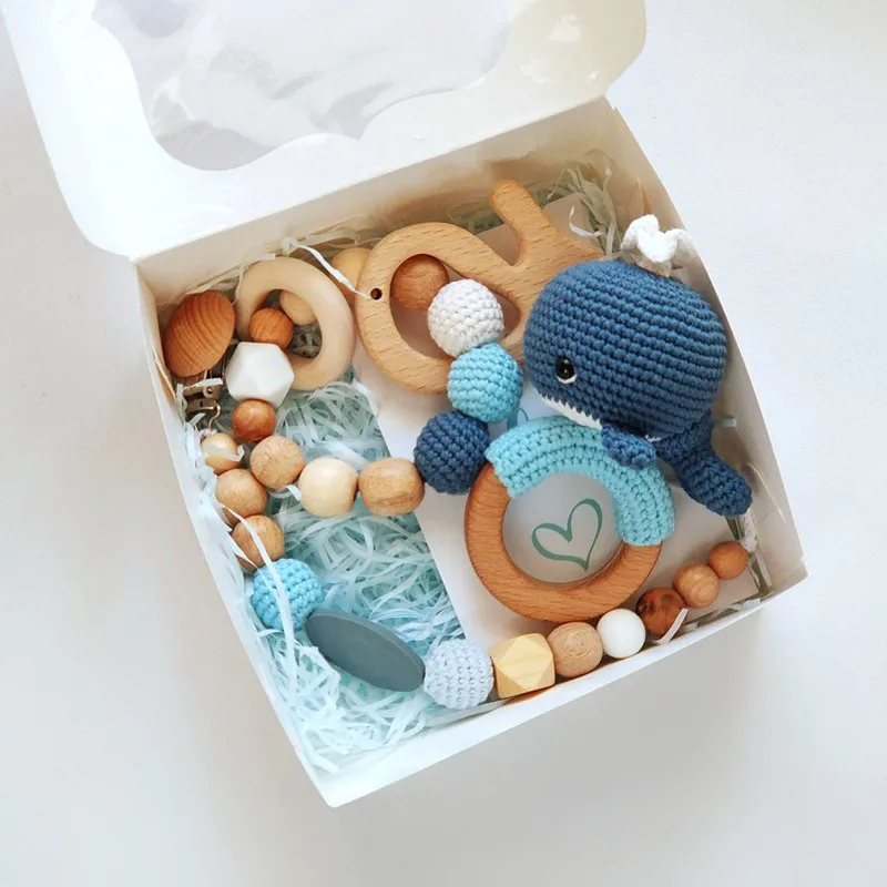 

Custom Baby Crochet Handmade Rattle Toy Shaker Whale Teethers Pacifier Clip Beech Wood Animal Chewing Toys Gift Set
