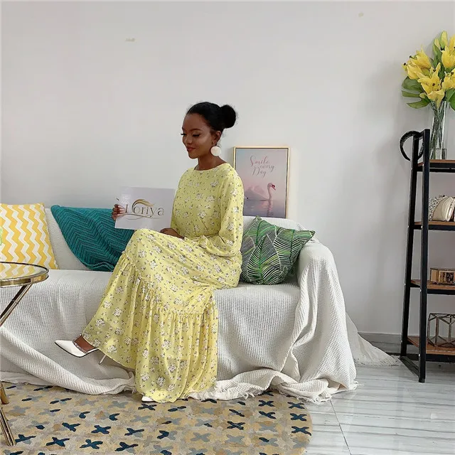 

2020 bright color flora kimono dress with belt, islamic flora dress for women, high quality Muslim abaya, Yellow, blue,pink