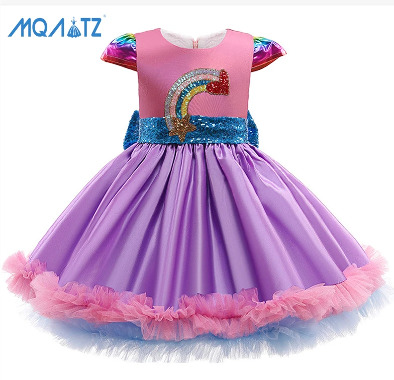 

MQATZ Girls Sequin Birthday Party Gown Kids Rainbow Princess Fancy Dress Children Baby Girl Flower Applique Tutu Dress