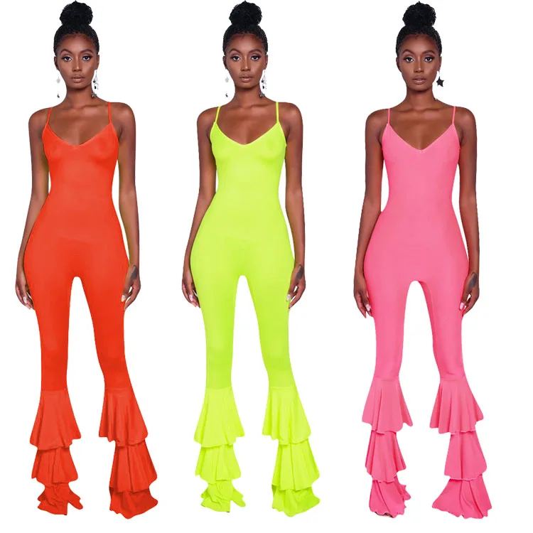 

Summer Fashion Spaghetti Strap Jumpsuit Flared Floor Length Wide Leg Neon Jumpsuit Ruffles