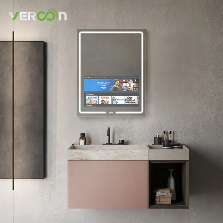 

Vercon high quality weather time display light mirror lighted bathroom touch smart mirror glass bathroom vanity mirror