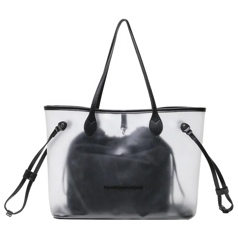 

Custom 2Pcs Large Mother Casual Transparent Tote Shopping Bag Set Women Frosted Pvc Shoulder Beach Handbag With Canvas Pouch, White, black
