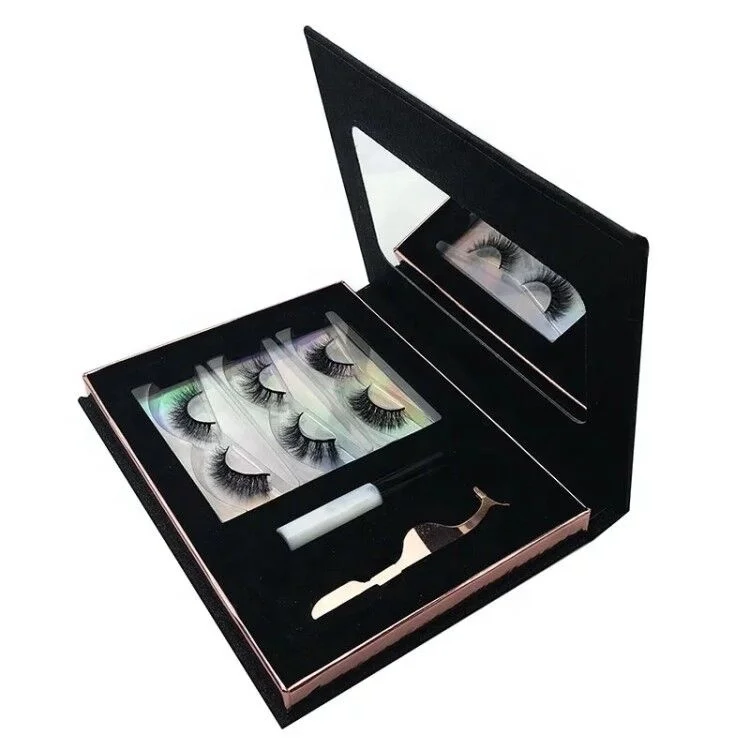 

3d mink lshes eyelashes set wholesalelashes black packaging box custom eyelash book vendor customized boxes with glue and mirror, Black or clear