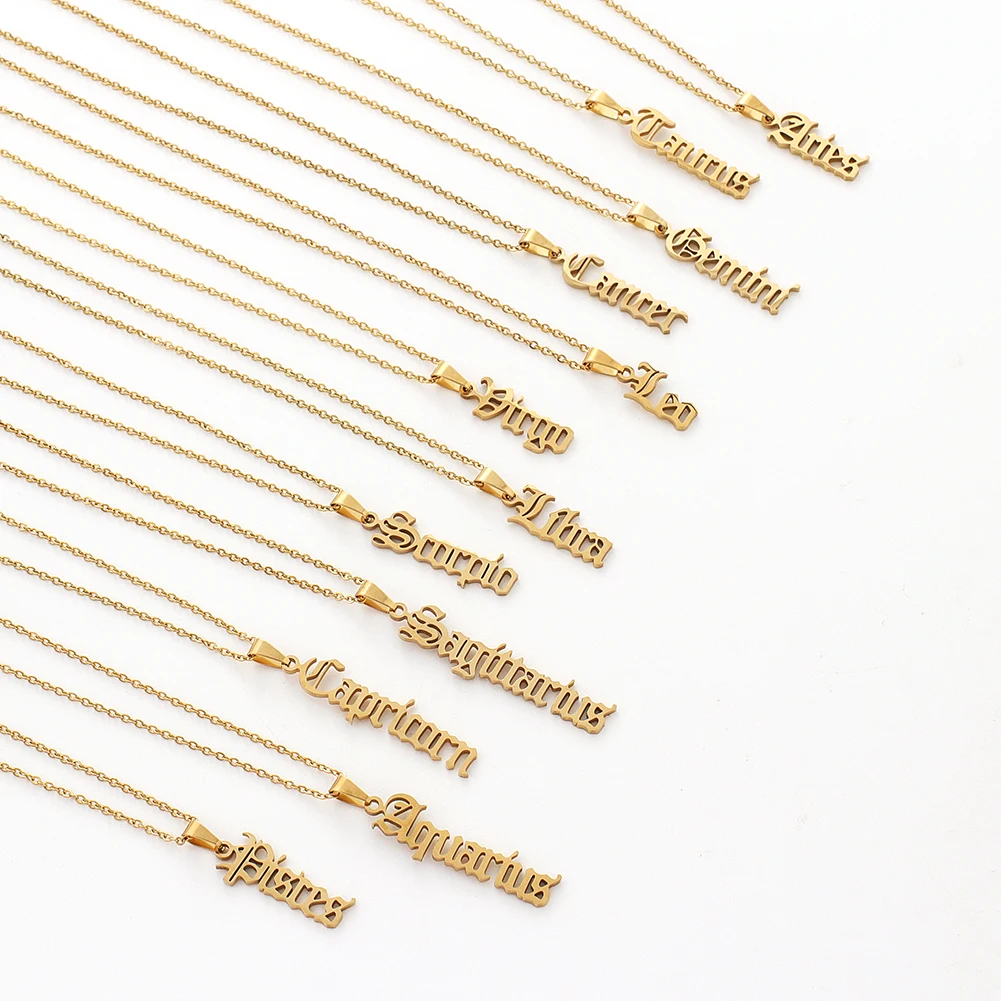 

Wholesale old english 12 Star Constellation stainless steel necklace gold Plated Horoscope Zodiac Pendant Necklace jewelry