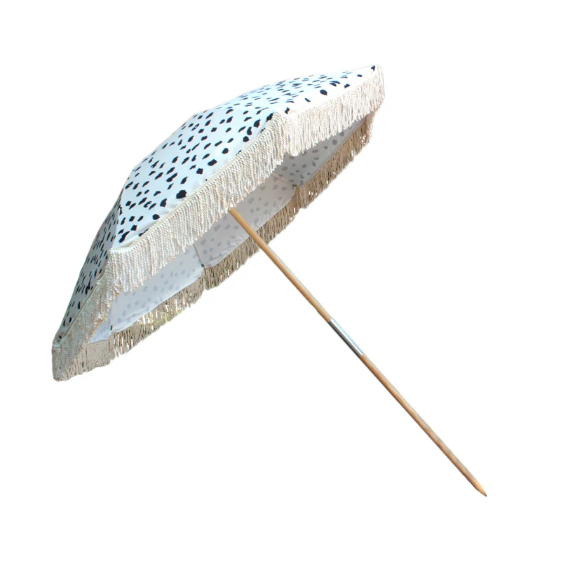 

china folding logo prints strong uv protection wooden tassels beach umbrella outdoor, Various colors