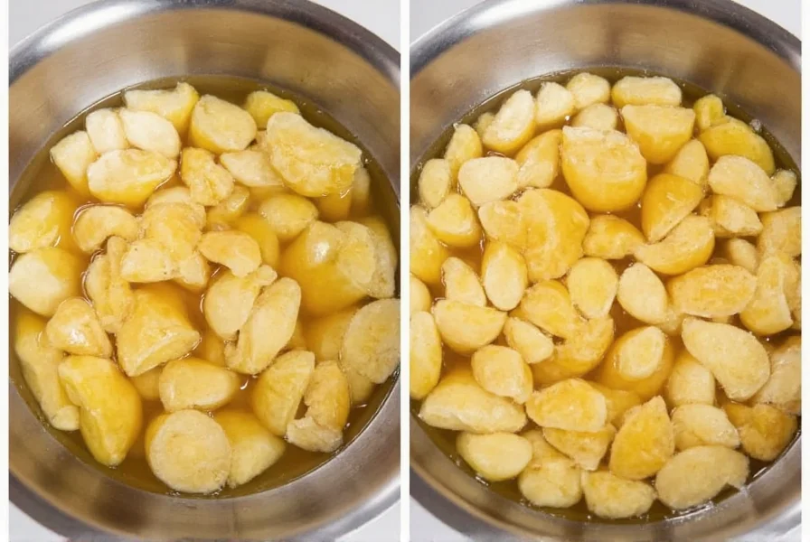 Step-by-step process of making homemade candied ginger showing fresh ginger slices simmering in clear syrup