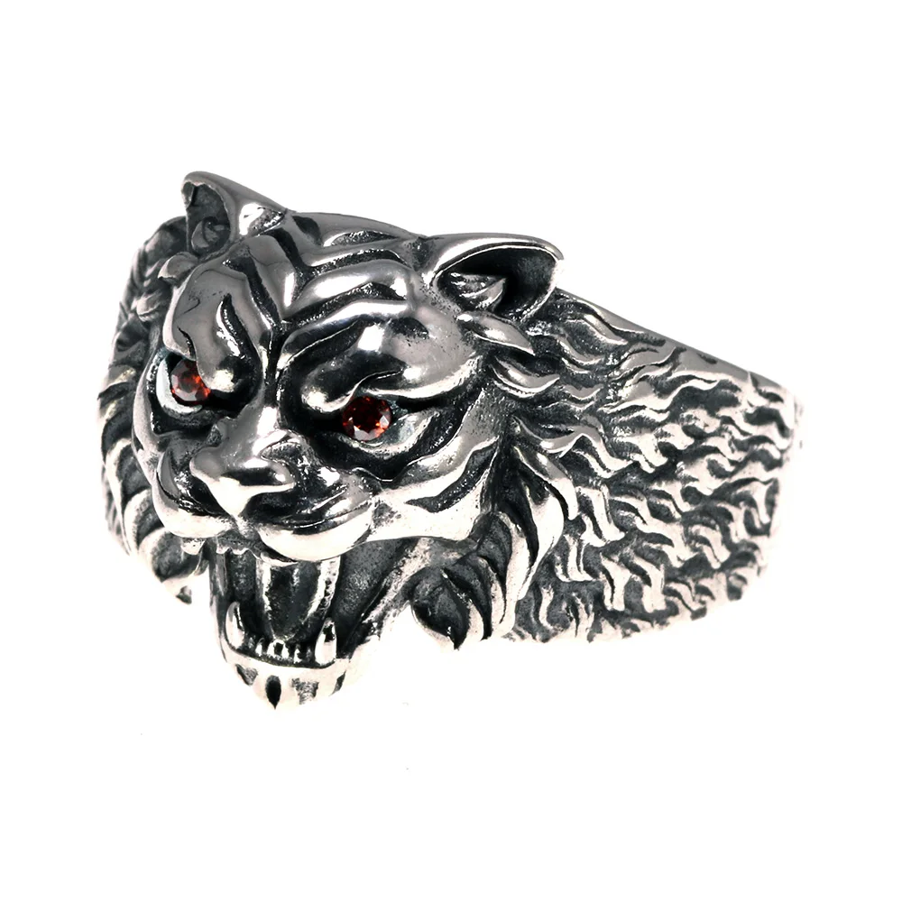 

925 Sterling Silver Tiger Ring for Men Exaggerated Cool Vintage Thai Silver Open Ring Inlaid Zircon Tiger Head Male Jewelry