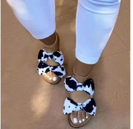 

New color printing totem bow satin flat slippers sandals for women
