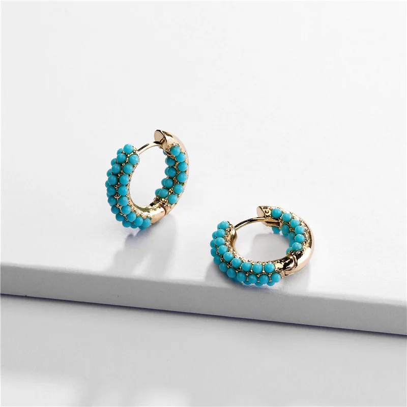 

New brass small tiny earring gold plated beads huggie hoop earrings huggie with pearl resin, White/blue/black/red/custom