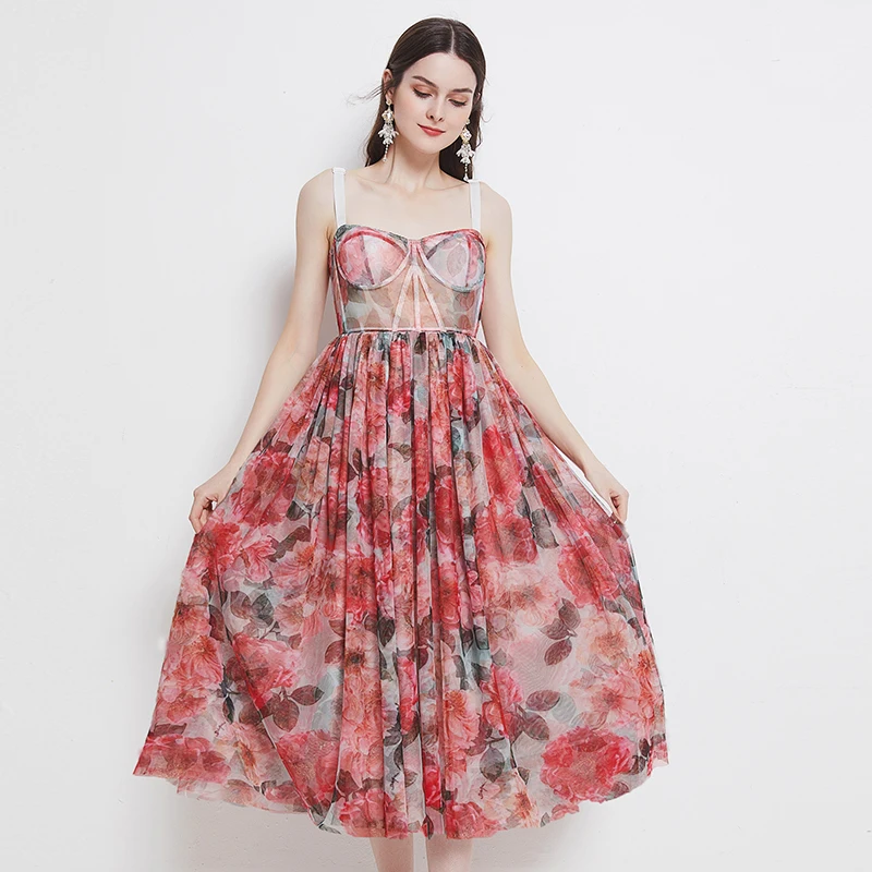 

Heavy industry French temperament gauze slim fit fishbone waist strap vest bra swing dress