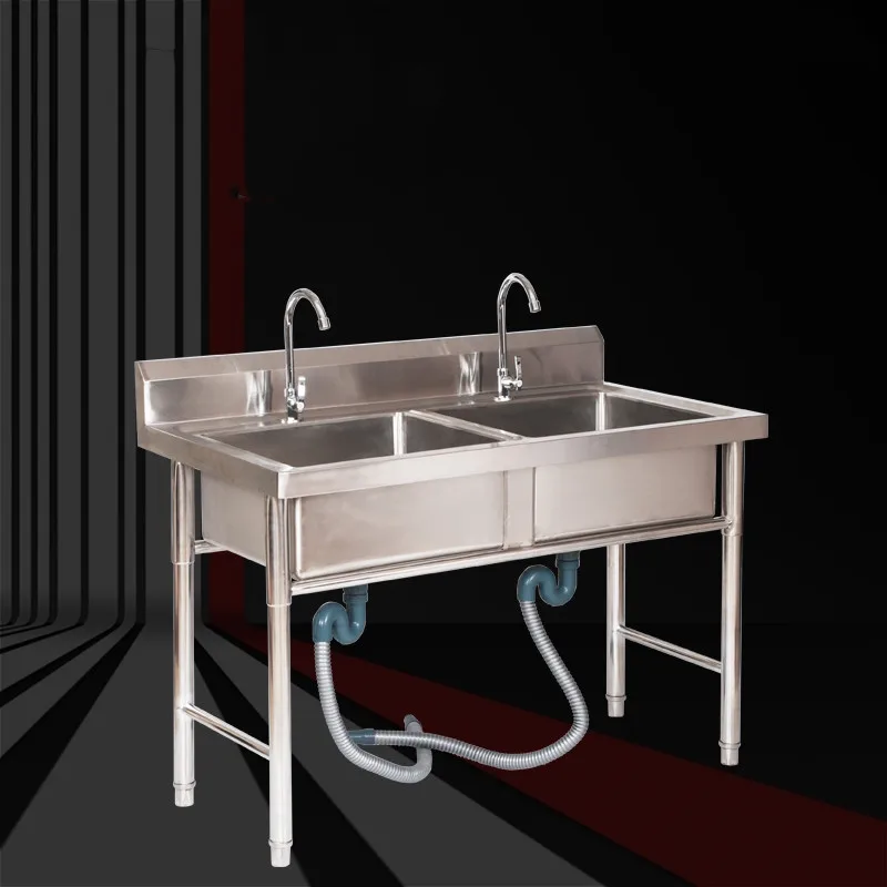 Stainless Steel Sink Double Trough With Bracket Wash Basin Dish Washing Sink Shelf Buy High Quality 304 Multifunction Stainless Steel With Trash Bin Sink Product On Alibaba Com