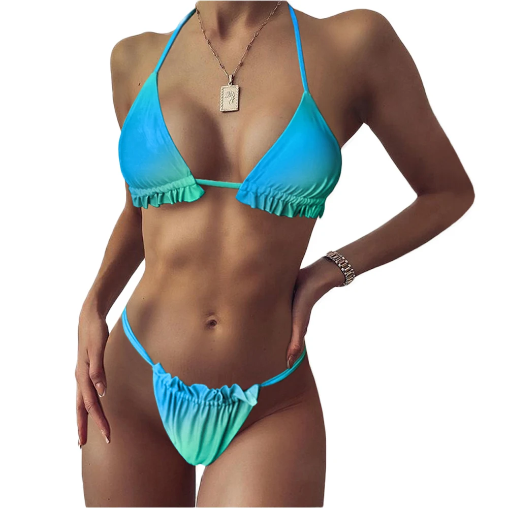 

FS Gradient Green Ruffled Pleated Micro Thong Bathing Suit Women Ladies Swimwear Bikini Set Swimsuits Two Piece Halter Lace Up