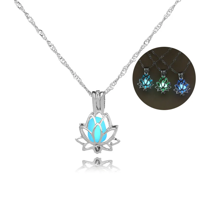 

Luminous Glowing In The Dark Moon Lotus Flower Shaped Pendant Necklace For Women Yoga Prayer Buddhism Jewelry