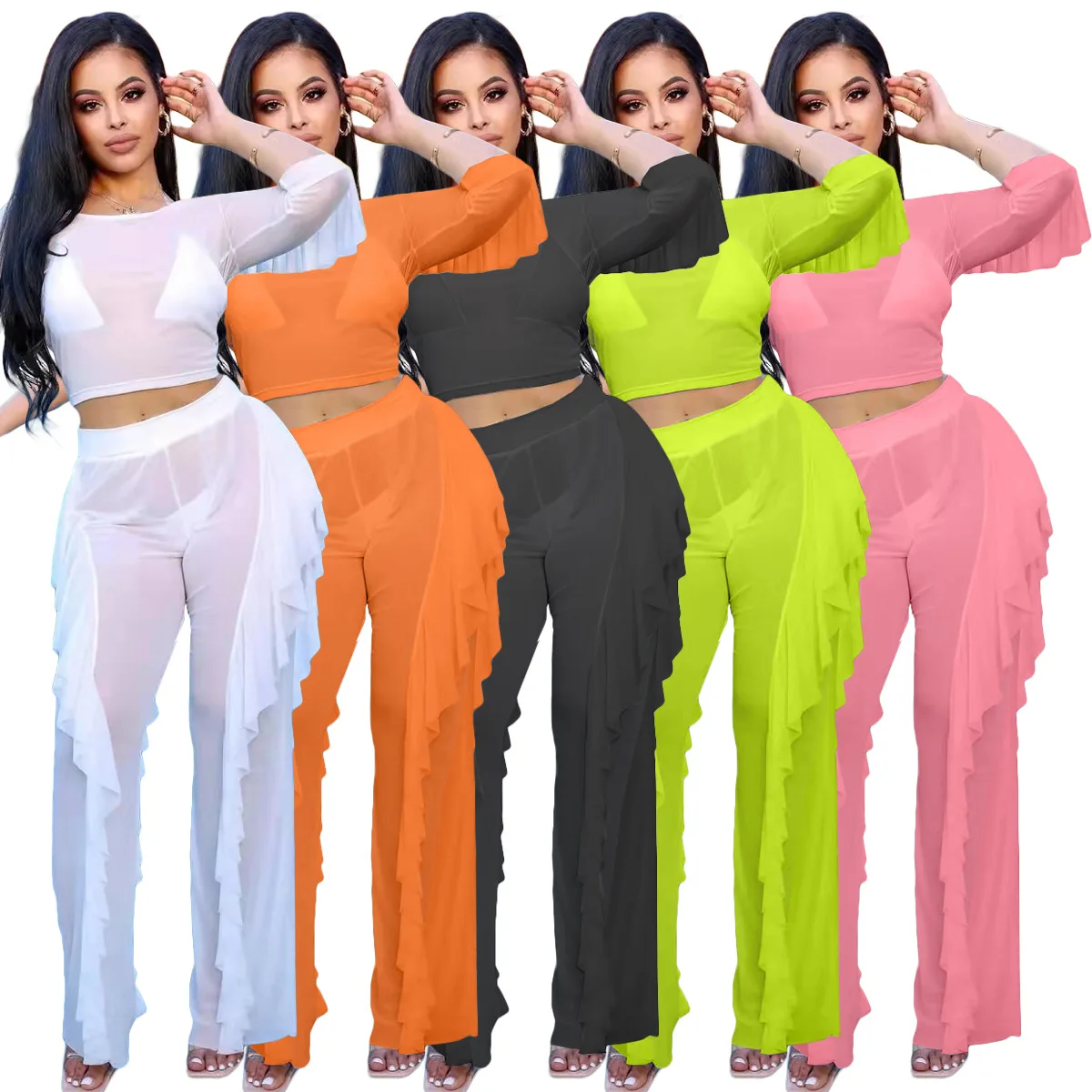 

Fashion Mesh Ruffles Half Sleeve Crop Tops And See Through Pants Beach Women Casual 2 Piece Sets