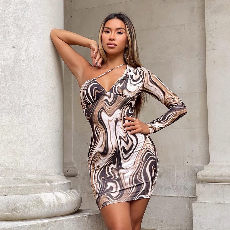 

Lagerfe Tie Dye One Shoulder Hollow Out Print Mini Dress 2021 Summer Fall New Fashion Evening Club Wear Women Casual Clothing